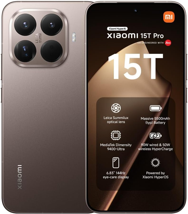 Vista frontal y trasera del smartphone Xiaomi 15T Pro en color Café Mocha - Kmaron Digital
