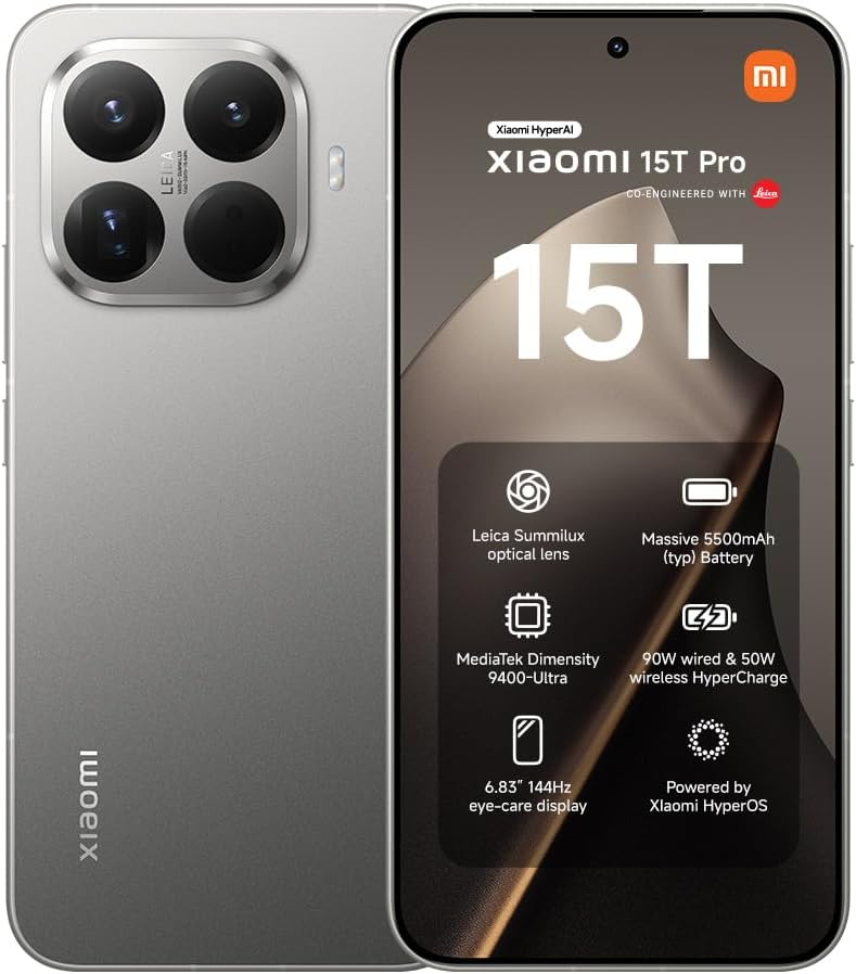 Vista frontal y trasera del smartphone Xiaomi 15T Pro en color Titanio Gris - Kmaron Digital