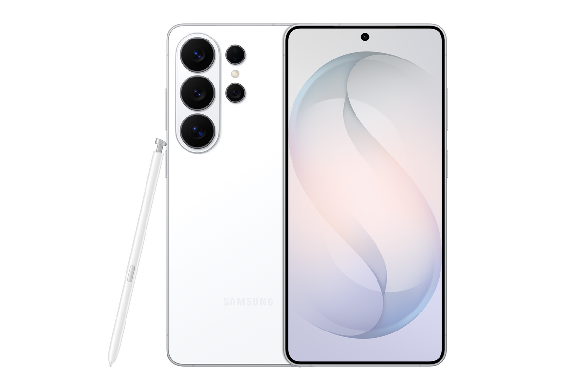Smartphone Samsung Galaxy S26 Ultra en color Blanco: Vista frontal y trasera mostrando el diseño de titanio - Kmaron Digital